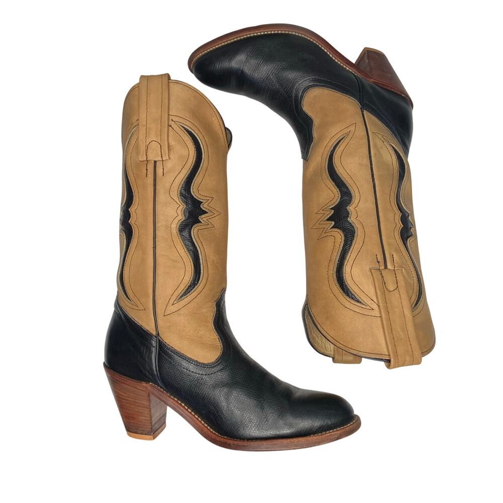 Frye Longhorn Inlay Leather Cowgirl Boots Sz 7.5 Black Tan Leather Vintage - Picture 5 of 16